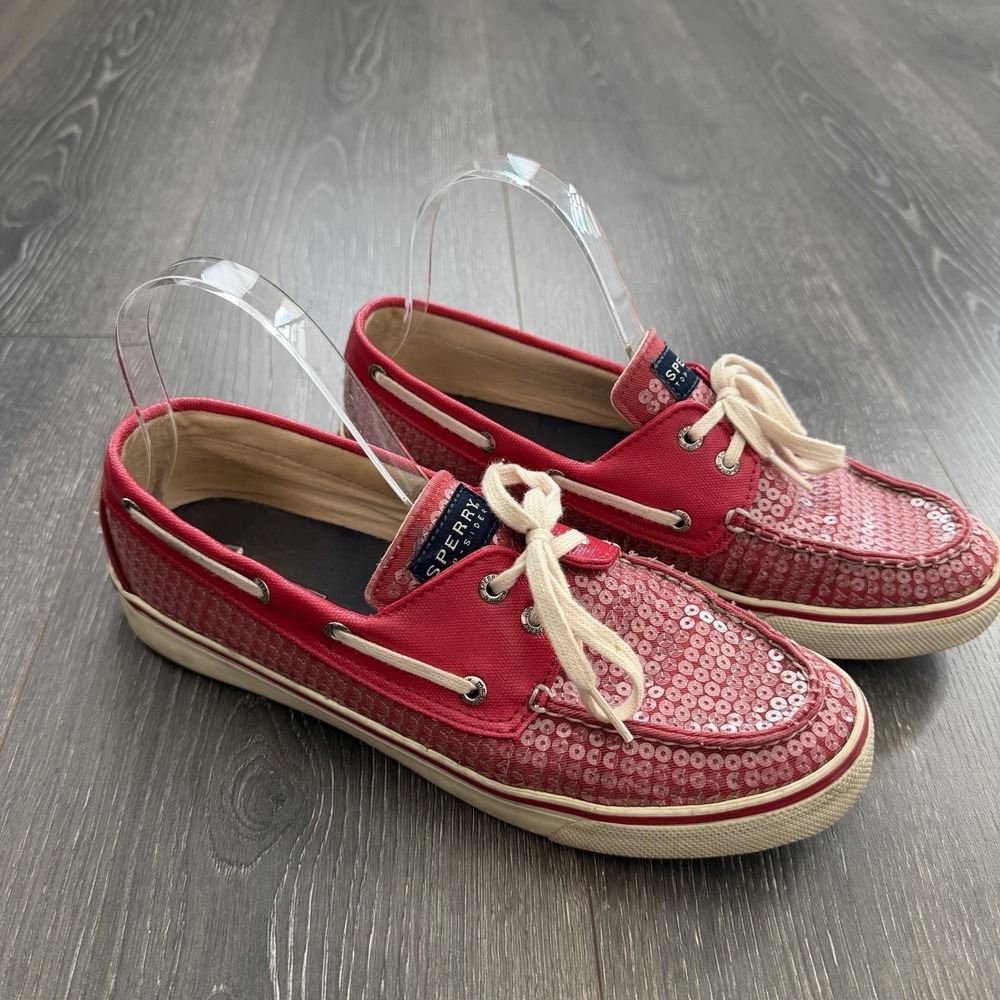Sperry Top-Sider Womens 9 Bahama Boat Shoes Red Sequins‎ Coastal Nautical Preppy